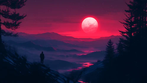Solitary watcher under neon crimson lunar horizon.
