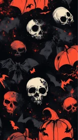 Skulls, bats, pumpkins form vivid red and black horror pattern.