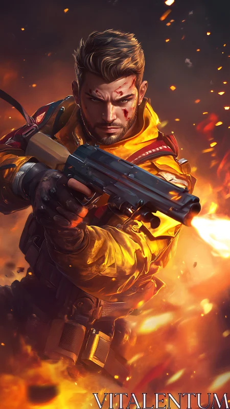 Heroic gunfighter charging through a storm of blazing fire.