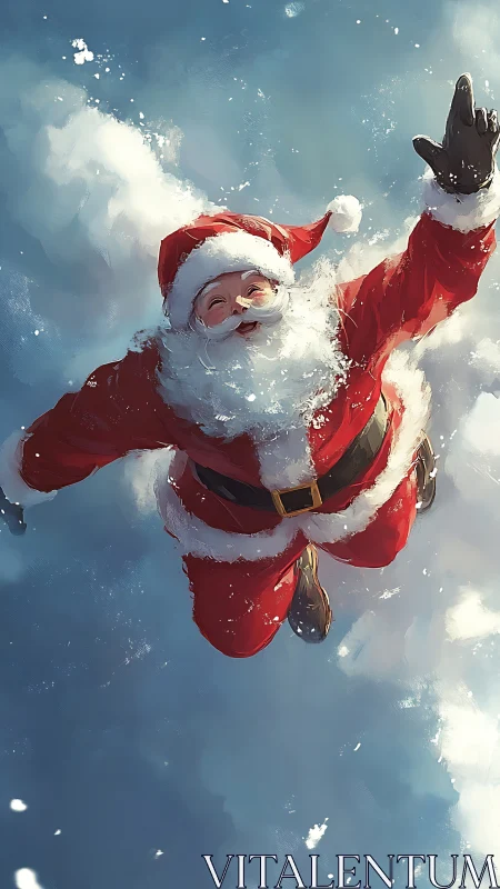 Dynamic overhead view of flying Santa in luminous sky snow