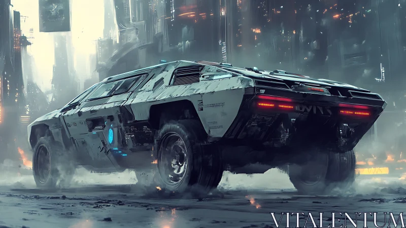 Angular armored hover-truck accelerates through wet cyberpunk megacity