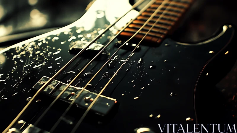 Electric bass guitar glistens under dramatic stage lighting.