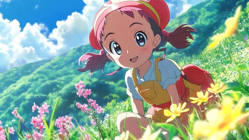 Sunlit meadow explorer girl amid blooming mountain wildflowers.