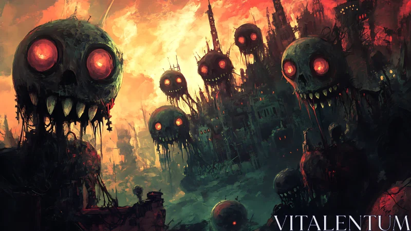 Grinning apocalypse sentinels loom above a burning wasteland.