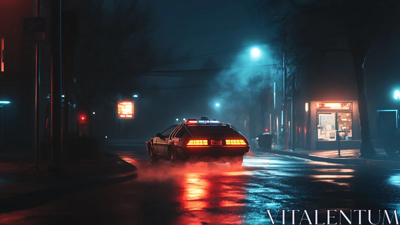 Retro sports car on wet neon lit night street scene.
