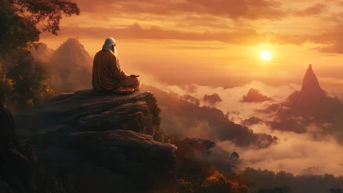 Solitary sage meditates above golden clouded sunrise ridge.
