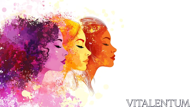 Three Vibrant Female Profiles in Watercolor Splash Art Style.