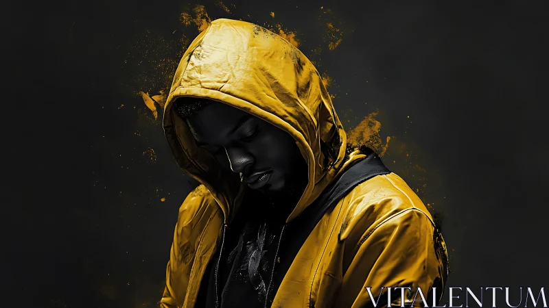 Hooded figure in yellow jacket against dark abstract field.