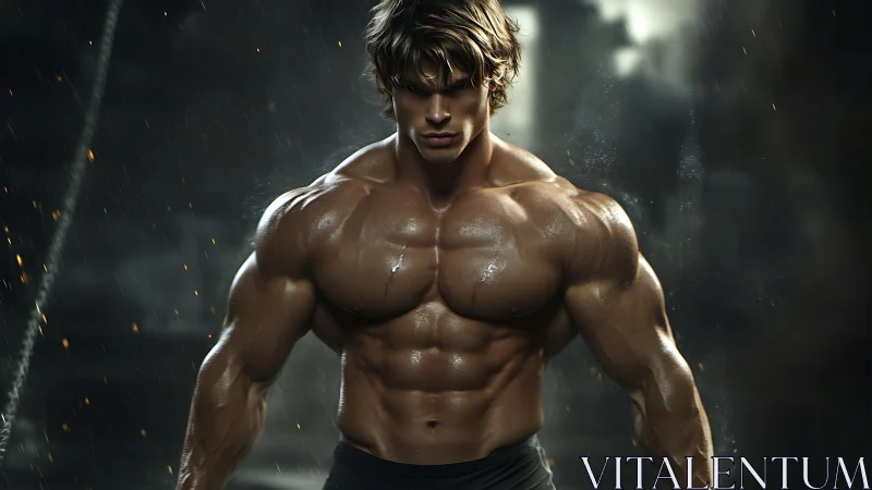 Powerful muscular hero standing strong in dramatic light.