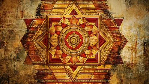 Geometric mandala radiates layered lotus forms on aged canvas