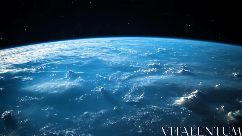 Blue planet dawn arcs into space above silver cloud seas.