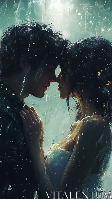 Two souls converge in luminescent rain.