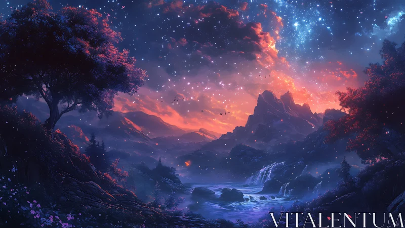 Digital landscape with mountains, river, trees and night sky.