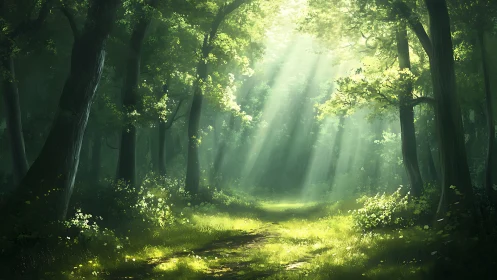 Sunlit Forest Path in Lush Greenery, Dreamy Nature Scene.