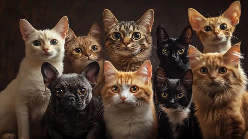 Portrait of Nine Domestic Pets Gazing Forward.