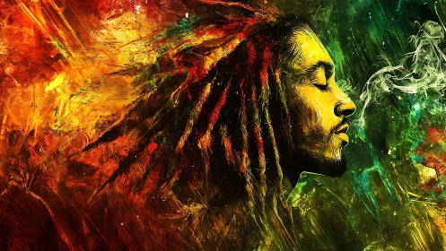 Vivid portrait of man with dreadlocks in reggae colors.