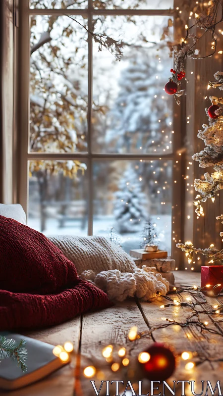 Cozy winter window nook glowing with gentle holiday lights.
