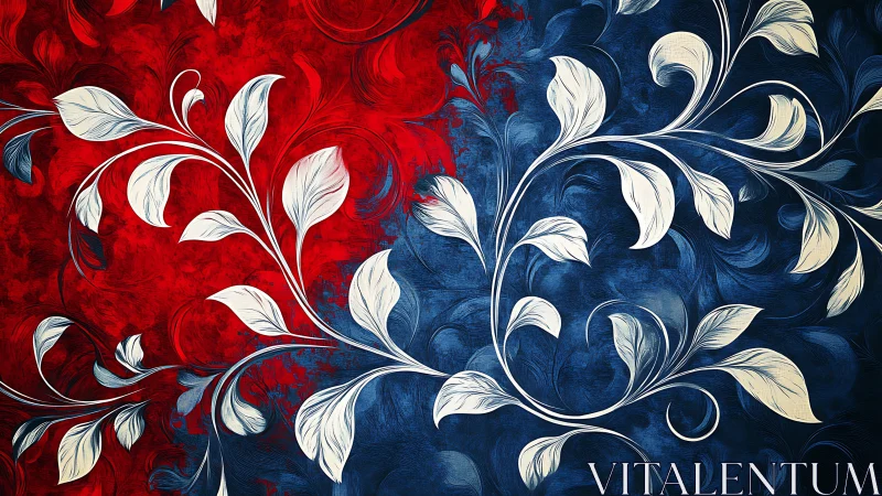 Symmetrical white floral scrollwork over textured red and blue fields