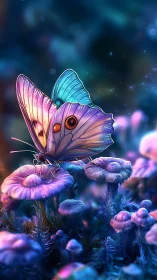 Moonlit butterfly oracle perched on ultraviolet mushrooms.