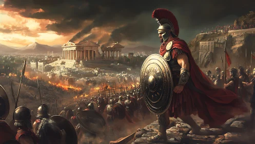 Armored Greek commander oversees burning classical cityscape