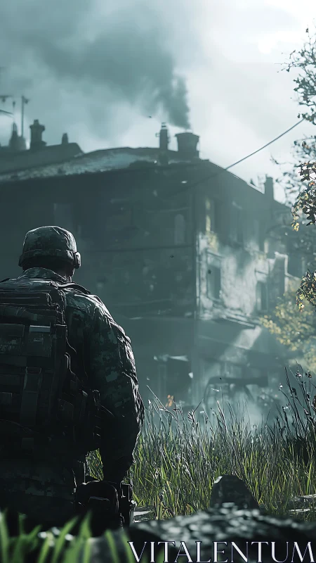 Soldier surveys war-torn urban ruins under drifting smoke