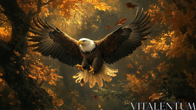 Majestic bald eagle soaring in autumn forest, digital art style.