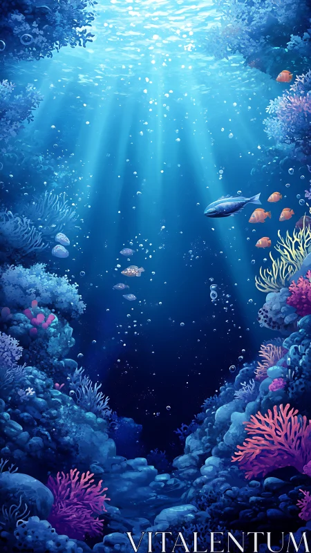 Sunlit coral canyon with schooling fish in deep blue water.