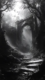 Monochrome ruin corridor directs light to overgrown stone arch