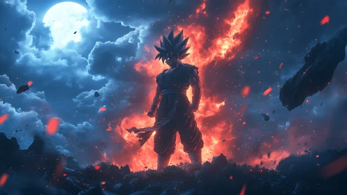 Lone cosmic warrior ablaze between moonlit storm clouds.