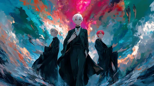 Three robed figures before turbulent abstract sky field.