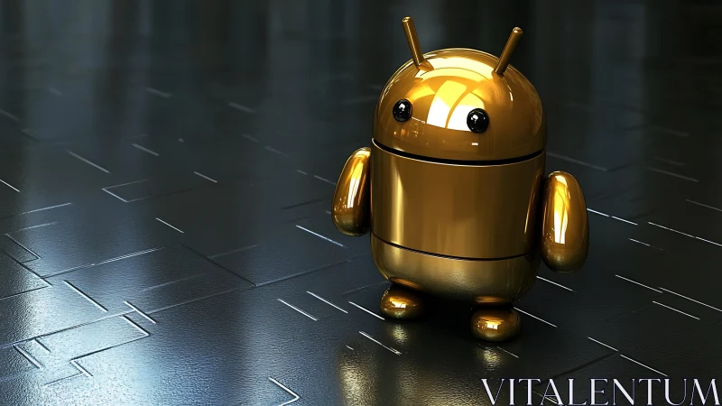 Gold chrome android mascot on reflective tech floor render.