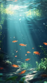 Golden fish drift through sunlit freshwater cavern depth.