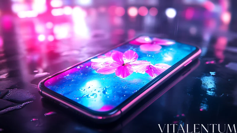 Neon-lit smartphone surface with floral holographic display detail.