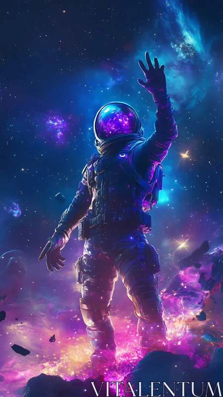 Cosmic EVA astronaut in luminous nebula field, full body view