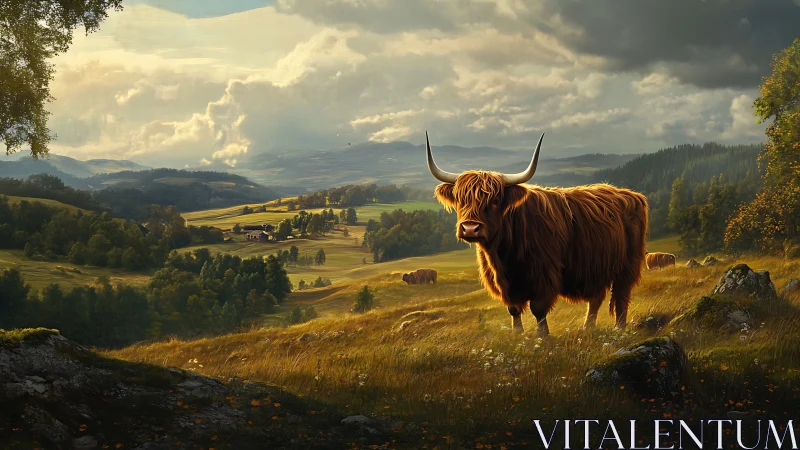 Long-horned cow stands in sunlit valley landscape