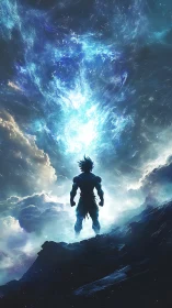 Silhouetted warrior on rocky ridge below luminous vortex.