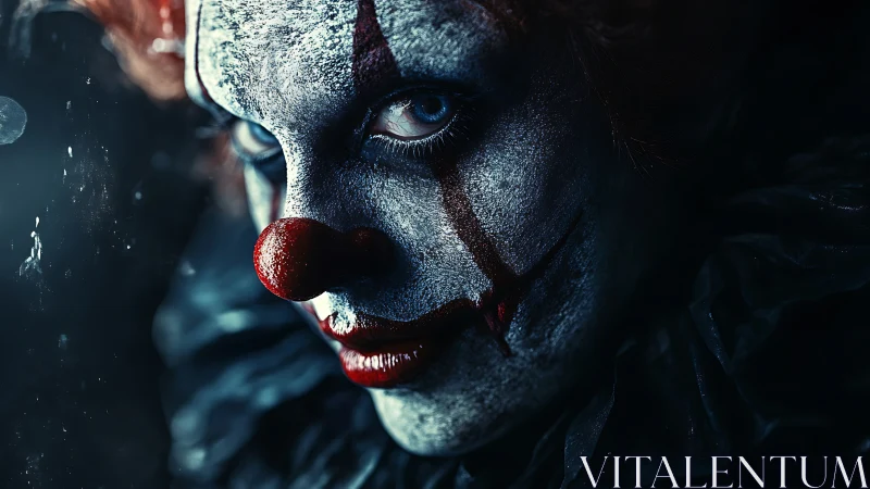 Low-key horror close-up of sinister clown makeup and gaze