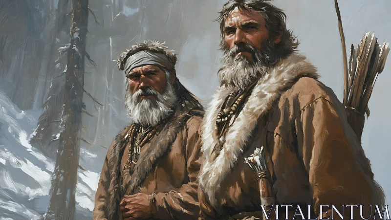 Mountain hunters stand vigilant in a harsh winter wilderness.