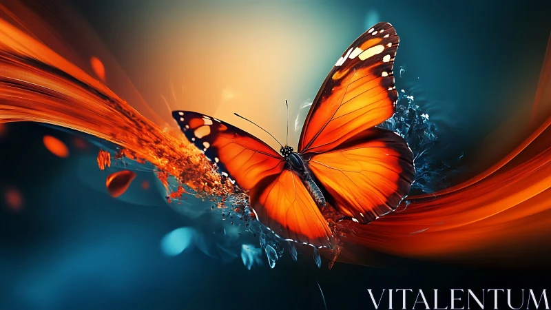 Luminous orange butterfly intersecting fluid neon ribbons.