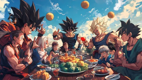 Anime warriors share festive outdoor feast under bright sky.