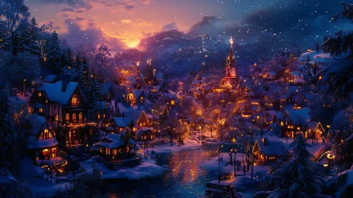 Winter village river at dusk with glowing festive lights.