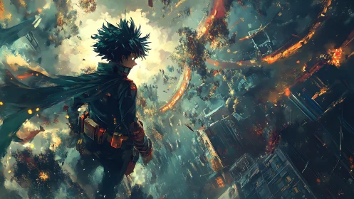 Heroic observer amid vortex of incendiary urban collapse.