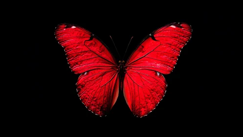 Red butterfly spreads symmetrical wings on black background