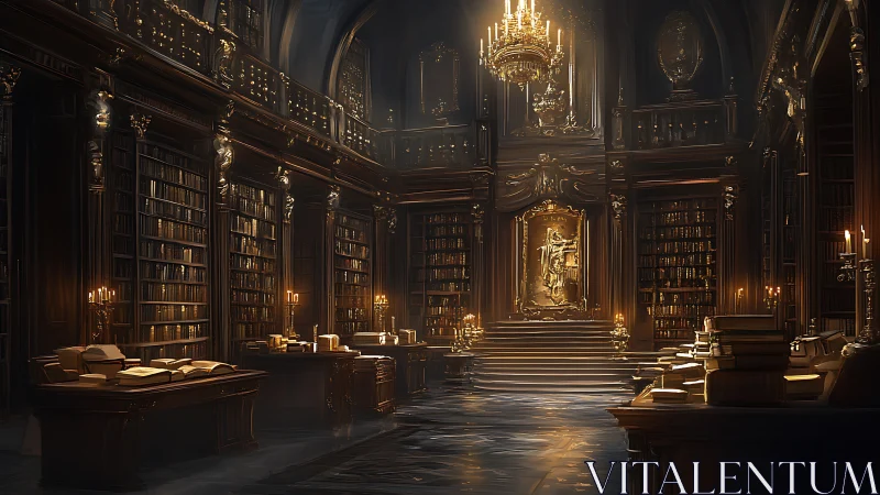 Opulent baroque library interior with warm cinematic lighting.
