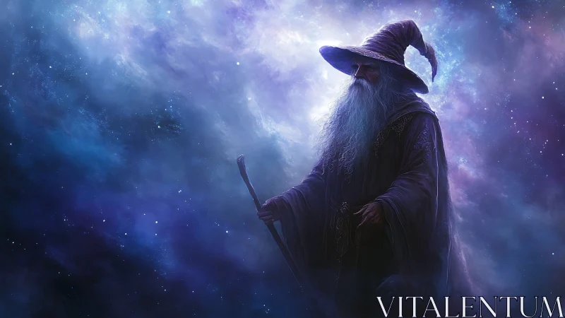 Ethereal wizard silhouette rendered in luminous cosmic nebula