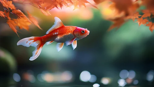 Autumn koi gliding through soft bokeh garden light.