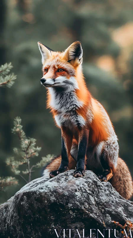 Red fox standing alert on mossy rock in forest setting.