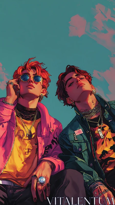 Urban streetwear duo under teal sky, neon pop color palette