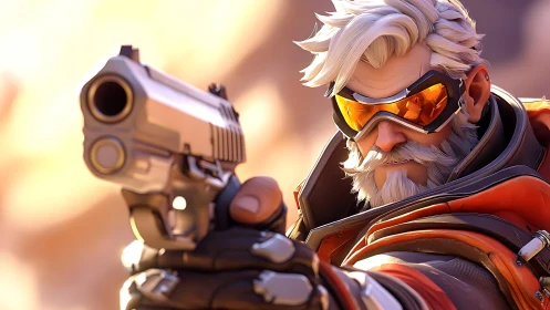 Armed futuristic veteran locks pistol aim in desert light