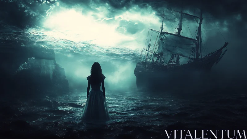 Mystical girl quietly greets a ghostly ship upon dark waters